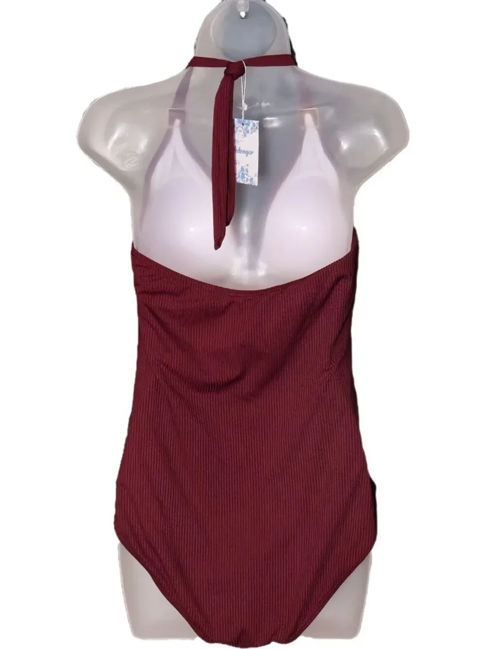 Burgundy One Piece Swimsuit XL Halter Gold Accents Ruched Tummy Control Lined - Picture 9 of 9